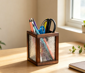 Organizador de Escritorio Multifuncional de Madera Maciza con Vidrio Grabado con Diseño de <span class=keywords><strong>Begonia</strong></span>, Caja de Almacenamiento para Brochas de Maquillaje, Estilo Retro - Product Image 1