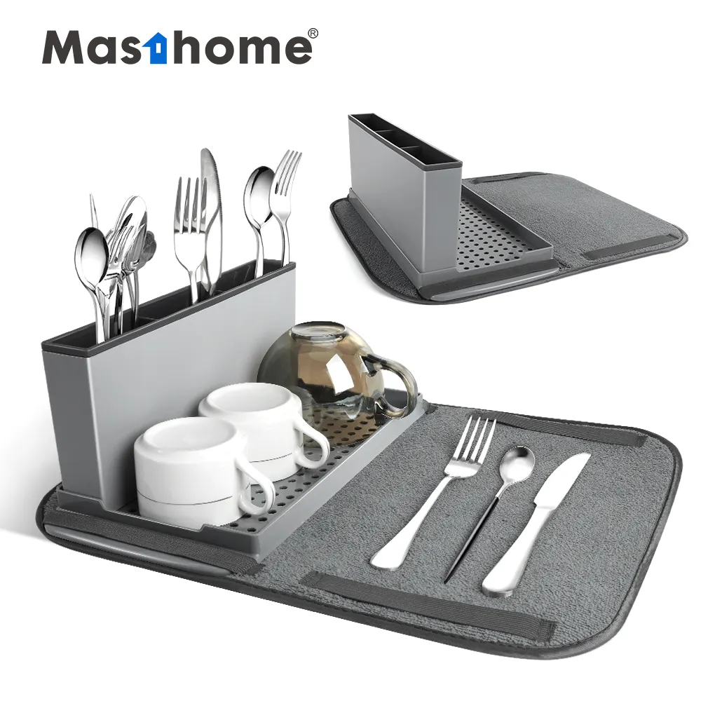 Masthome Kitchen Countertop Multifunctional Fork Spoon Drying Rack Kitchen Storage Draining Rack With Mat