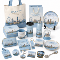 Collection de souvenirs personnalisés pour événements avec bouteilles, mugs, aimants, porte-clés et cadeaux de voyage pour activités marketing
