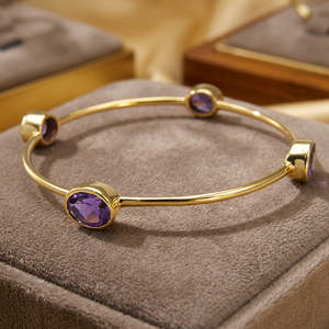 Handmade Gemstone <b>Bangle</b> <b>Bracelet</b> With Round Purple Gemstone Gems, Gold Plated Casual and Sporty <b>Bracelet</b> for Woman - Product Image 3