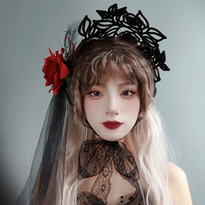 Lolita Fashion French Death Witch One-Piece Bowler Hat Halloween <b>Rose</b> Topper 100% Cotton Felt Cloth Cosplay Hair Accessories - Product Image 2