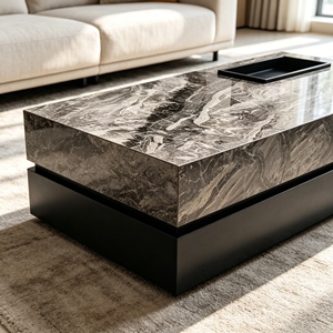 Glossy Grey Vein Sintered Stone Rectangle Coffee <b>Table</b>, Low Profile Solid Base Center <b>Table</b> For Modern Minimalist Living Room Fu - Product Image 4