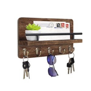 Brown Wooden Key Holder Wall Mounted Wooden Mail Organizer with Shelf Wood Wall Hanging Storage Rack
