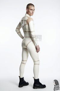 Hochglänzender Weißer Latex-Catsuit für Männer mit Transparenten Hautfarbenen Einsätzen Ganzkörper-Einteiler - Product Image 2