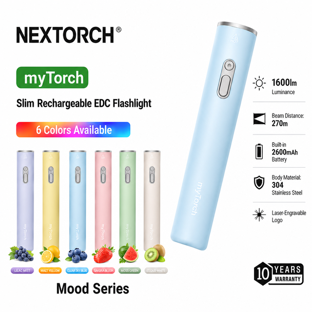 MyTorch Mood Series Rechargeable LED Flashlight 1600LM EDC Torch USB C IPX4 Waterproof Long Range 270m 304 Steel 6 Colors