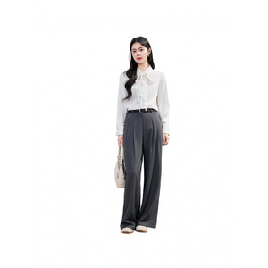 <b>White</b> Long Sleeve Blouse With Ribbon Tie Office Shirt Solid Color Polyester Women's Top - Product Image 5