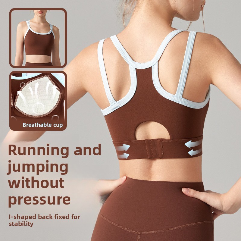 Nude-feel High Support Spandex/Nylon Yoga Tank Top Semi-fixed Cups Fitness Bra Color-blocked Cropped Racerback Sports