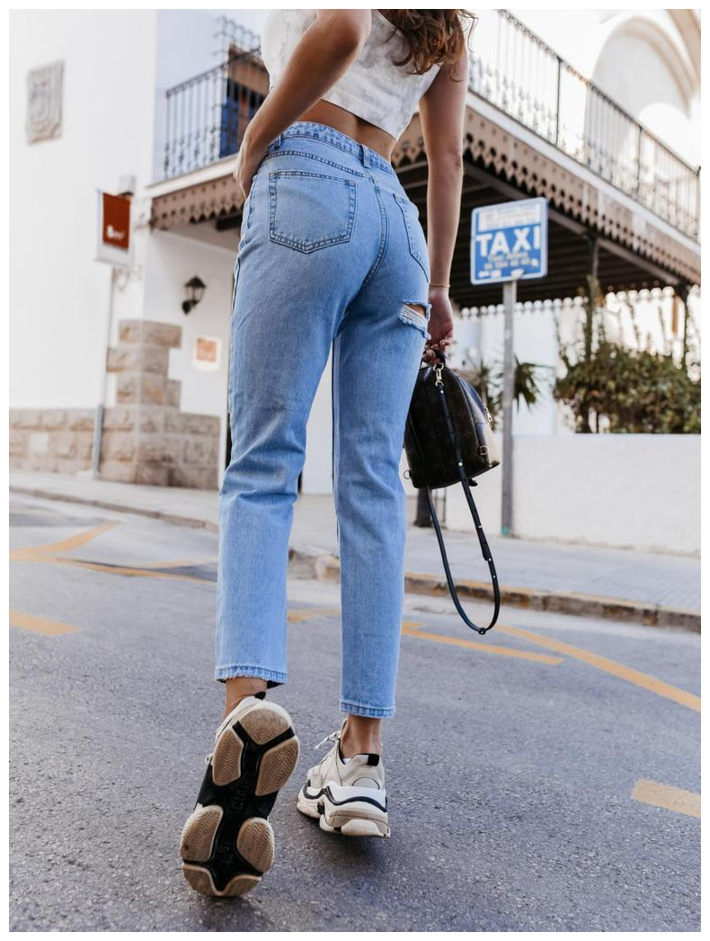 高品质休闲破口女士直腿牛仔裤牛仔长裤带口袋高腰女牛仔裤