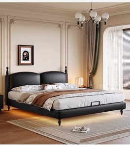 Cadre <span class=keywords><strong>de</strong></span> lit moderne <span class=keywords><strong>de</strong></span> luxe avec rangements ajustables, tiroirs, éclairage LED, tête <span class=keywords><strong>de</strong></span> lit capitonnée en cuir, taille King, mobilier <span class=keywords><strong>de</strong></span> chambre à coucher - Product Image 1