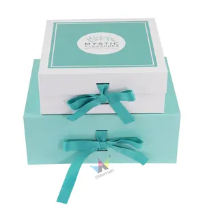 皇冠赢蓝色折叠磁性盒印有标志层压可折叠储物礼品盒可选材料带丝带