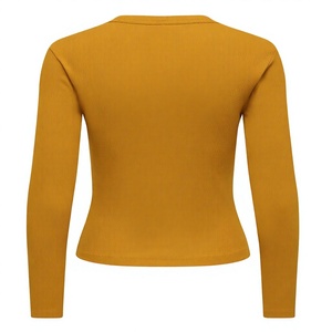 Camiseta Corta de Punto para Mujer, Color Mostaza, Manga Larga, Cuello Redondo, Corte Ajustado, Informal, Mezcla de Algodón y Elastano, Transpirable, para Todas las Temporadas - Product Image 6