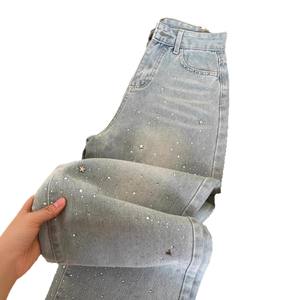 Celana Jeans Wanita Biru Muda Model Lurus dengan Ritsleting Berhias Rhinestone, 100% Nilon, Desain Terbaru Musim Gugur 2025, Pinggang Tinggi, Efek Langsing, dan Lebar - Product Image 5