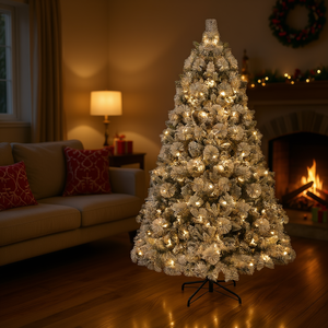 Árbol de Navidad Artificial Flocado de 6.5 Pies con 350 Luces LED Transparentes, Base Metálica, Decoración Navideña para Interiores - Product Image 2