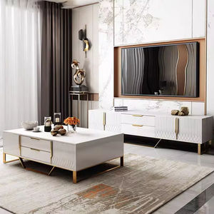 Ensemble de table basse et de meuble <span class=keywords><strong>TV</strong></span> pour salon, couleur blanc et noir moderne, avec pieds en acier inoxydable doré - Product Image 4