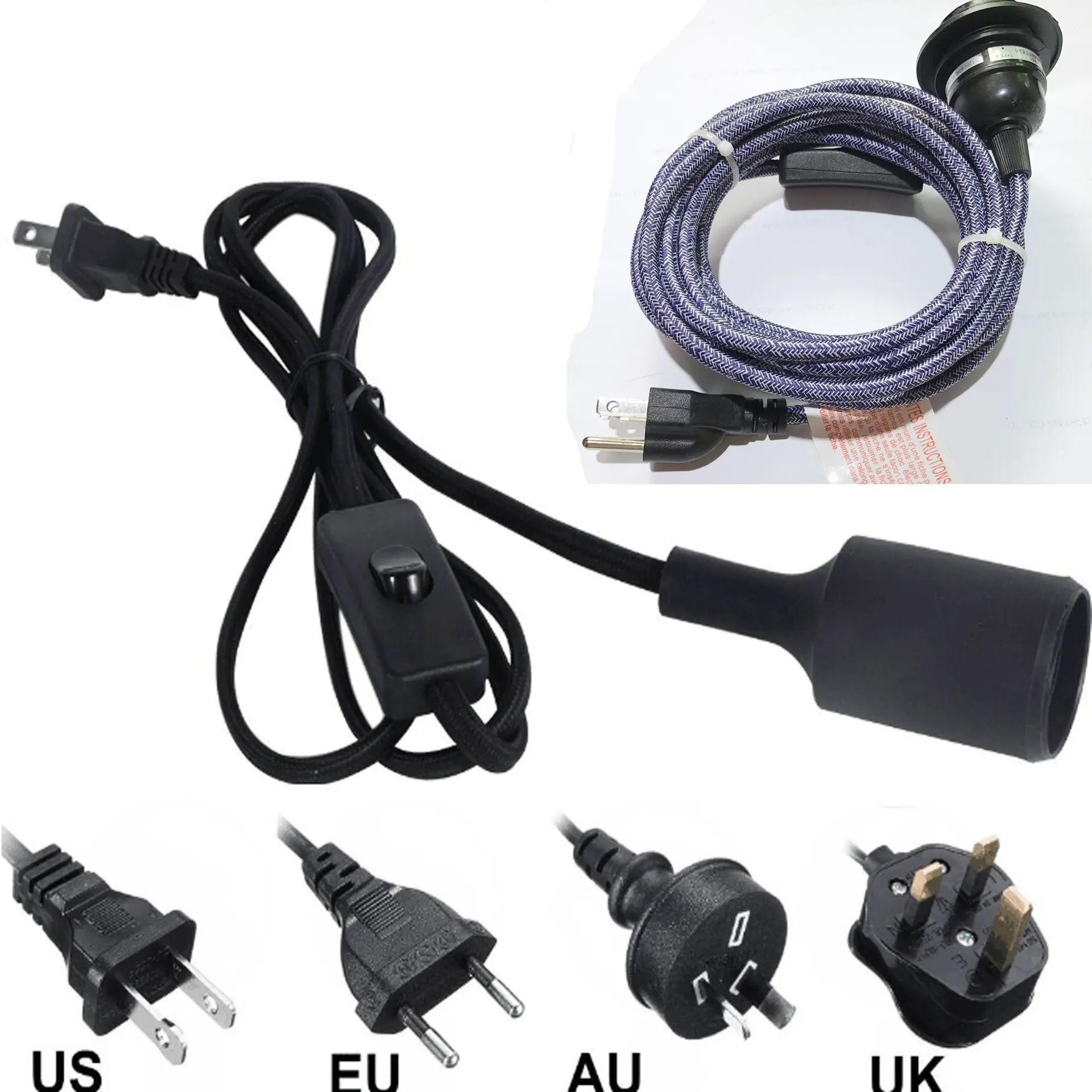 E26 E27 cUL CE VDE SAA DIY cabo de alimentação Personalizar: Conjunto de cabo plug-in pingente conjunto de cabo de luz suporte de lâmpada
