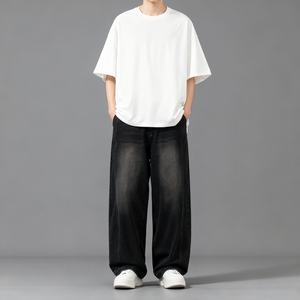 TKAN131D 100% algodón de cintura media pantalones de lápiz sueltos estilo jeans lavados para hombres pantalones largos vintage pantalones vaqueros de serigrafía - Product Image 1