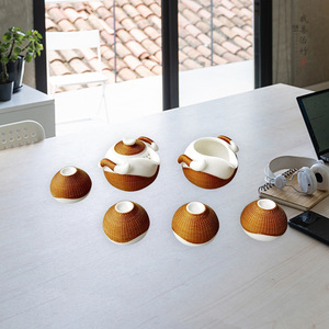Bamboo Woven Porcelain Tea Set White Ceramic Teapot Cups Modern Style Gift For Business Promotion Chongqing Origin - Product Image 2