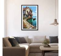 Tableau mural sur toile de maison côtière moderne, impression HD de paysage marin de villa rustique en pierre, encadré pour la décoration du salon