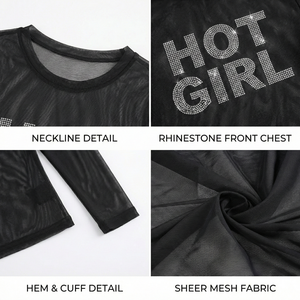 Camiseta Corta de Verano con Logotipo Personalizado, Sexy, de Malla Negra Transparente, Cuello Redondo, Manga Larga con Pedrería, de Bajo Costo - Product Image 4