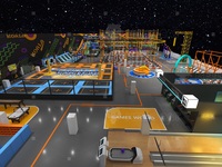 Parc de trampolines sur mesure, équipement de terrain de jeux intérieur avec grand toboggan, karts et zone de jeux vidéo