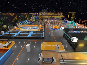Parc de trampolines sur mesure, équipement de terrain de jeux intérieur avec grand toboggan, karts et zone de jeux vidéo - Product Image 2