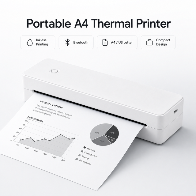 A4 Thermal Printer for Phone and Computer, Portable Inkless Printer, Supports Multiple Paper Sizes and Tattoo Paper