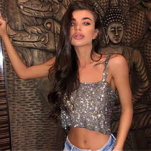 Sexy Gold <strong>Silver</strong> Bling Bling <strong>Sparkly</strong> Metal Rhinestones Crop <strong>Top</strong> Women Ladies Fashion Tank Camis Backless Halter Party Crop <strong>Tops</strong> - Product Image 6