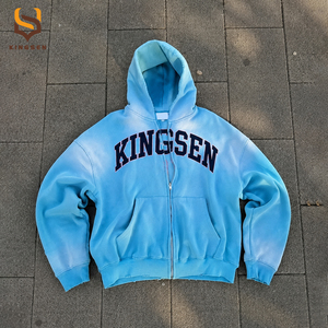 เสื้อฮู้ดดี้ซิปปักลายตามสั่ง ผ้าฝ้ายทรงหลวมไหล่ตก ฮู้ดดี้โอเวอร์ไซส์เนื้อหนา ล้างสีแบบแอซิดวอช ฮู้ดดี้ซิปแบบดิสเทรส - Product Image 1