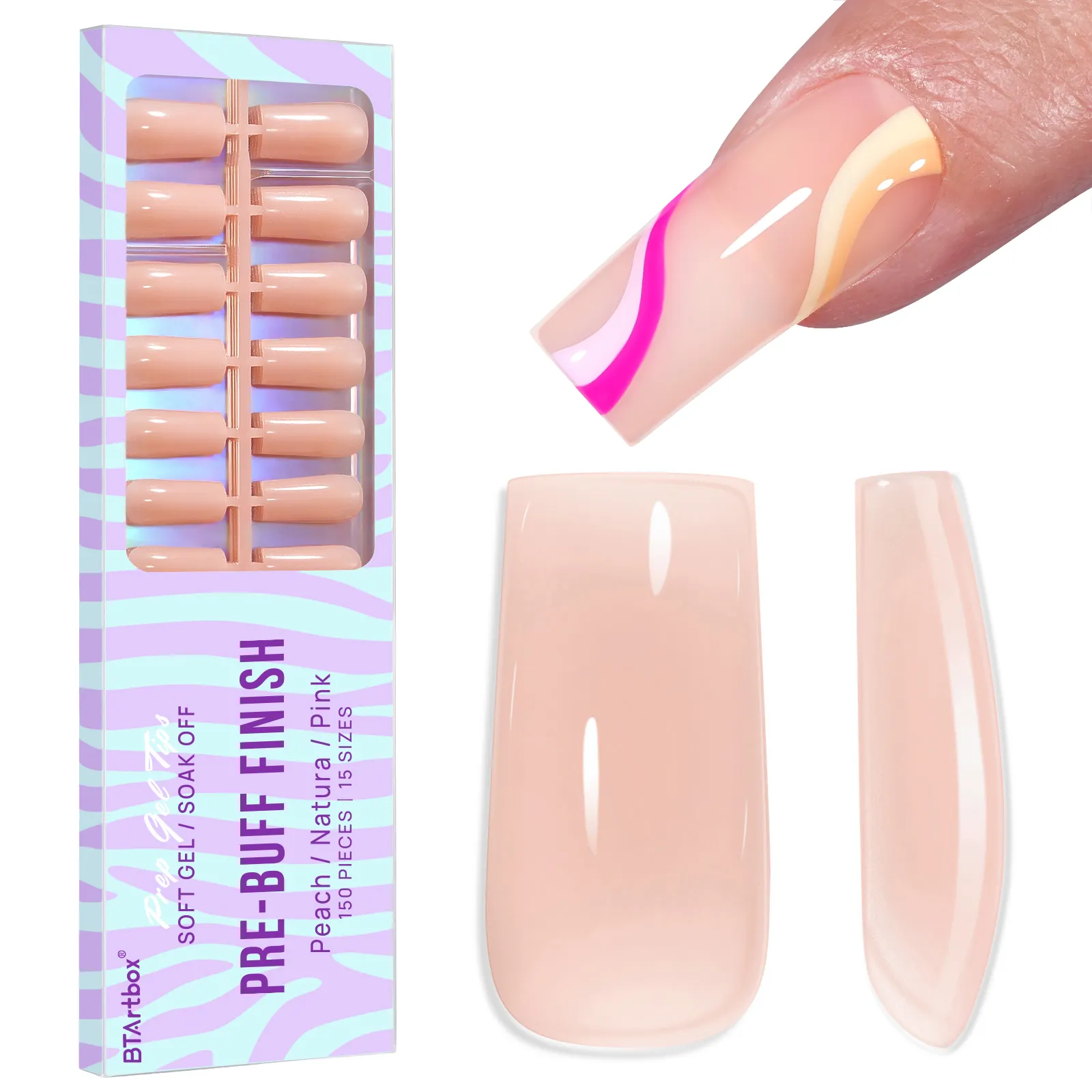 BTArtbox 15 Sizes Square Jelly Extension Tips Full Cover Nail Ombre Light Nude Gel X Nail Tips Press On Nails