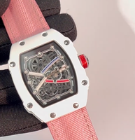 Reloj de Cuarzo Unisex de Moda Juvenil, Diseño Tonneau, Combinación de Colores Rosa y Blanco, Esfera Hueca de 47 mm, Correa de Nailon Suave, Reloj de Cuarzo para Hombre