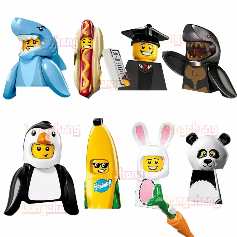 Popüler karikatür serisi oyuncaklar köpekbalığı adam sosis penguen mezunları muz tavşan yaratıcı yapı taşı Mini rakamlar oyuncaklar çocuklar için