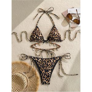 Women's Leopard <b>Bikini</b> <b>Set</b> Halter Triangle <b>String</b> Cheeky Swimwear With Beading And Seashell Decorations - Product Image 4