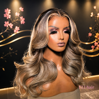 Peluca rubia europea estilo Ombre Milk Tea con cabello de bebé rubio ceniza, densidad pre-estilizada, ondas corporales, raíces marrones, pelucas de cabello humano para mujer.