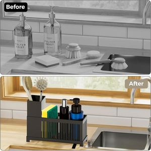 2-In-1 Kitchen Over Under Sink Storage Sponge Holder Faucet Rack Shelf Soap <b>Plastic</b> Faucet Rack With Draining Tray - Product Image 5