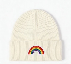 Bonnet en tricot personnalisé avec broderie arc-en-ciel, unisexe, chaud, côtelé, à revers, pour homme et femme - Product Image 1