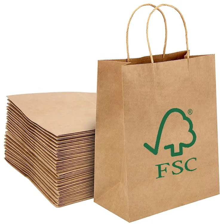 100% Recyclable Eco-friendly Reinforced Handle Craft Paper Bags, Custom Printed Logo Solid Durable Bottom Brown Kraft Paper Bag.