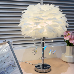 Feather Table Lamp With Crystal Butterflies LED Warm <b>Light</b> Bedroom Bedside Decoration Creamy Style Romantic Atmosphere Lamp - Product Image 4