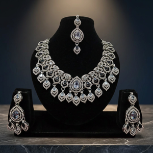 Indian Bridal <b>Silver</b> Plated CZ <b>Choker</b> Necklace Set Emerald Green & White Cubic Zirconia Heavy <b>Choker</b> with Earrings and Mang Tika - Product Image 3