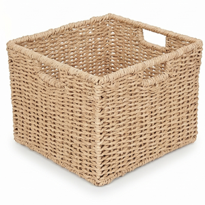 Handwoven <b>Square</b> Seagrass <b>Storage</b> <b>Basket</b> with Built-in Handles, Natural Wicker Cube Organizer Bin for Shelves and Closets - Product Image 2