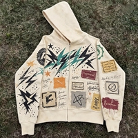 Hoodie Zip Up Heavyweight Vintage Wash Graffiti Lightning Bolt Streetwear Distressed untuk Pria, Outerwear Musim Gugur Musim Dingin, Fashion Brand