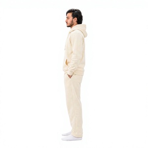Men's <b>Cream</b> Hooded Tracksuit Full Sleeve Solid Color Cotton Casual Wear with Side Pockets Regular Fit Autumn Style - Product Image 3