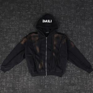 Sweat à capuche pour homme avec logo personnalisé en gros, coupe vintage, lavage à l'acide, coton lourd, fermeture éclair, sweat à capuche pour homme - Product Image 2