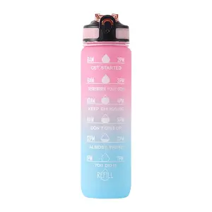 Buzlu Tritan plastik şişe 1 litre işaretli tasarım 32 oz motivasyon su şişesi ile zaman işaretleyici hatırlatma