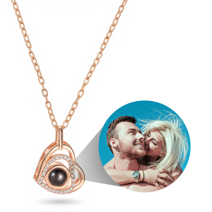 [Rame] collana di proiezione cuore in oro rosa personalizzata | Design a doppio cuore con foto all'interno | Romantico regalo di gioielli personalizzato - Product Image 1
