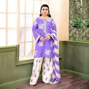 Fashionista International Women's Purple Cotton Modal Salwar Kameez <b>White</b> Floral Embroidery <b>Printed</b> <b>Palazzo</b> Pants Traditional - Product Image 1