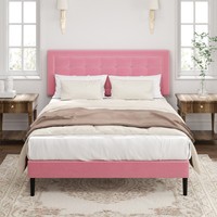 Cadre de lit moderne en fer avec tête de lit rembourrée en tissu et support à lattes en bois stable pour mobilier de chambre à coucher domestique - Vente en gros