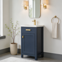 20 pouces. Meuble-lavabo de salle de bain moderne bleu avec un seul lavabo en céramique blanche