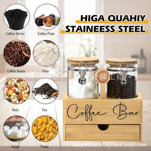 Bamboo Coffee Storage <b>Box</b> With <b>Glass</b> Jars And Drawer For Coffee Beans And Pods - Product Image 3