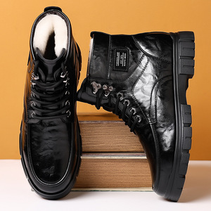 รองเท้าบูทหนังบุขนสัตว์สำหรับผู้ชาย ฤดูหนาว พื้นหนา กันน้ำ แบบผูกเชือก หุ้มข้อสูง สไตล์ลำลอง/ทำงาน สีน้ำตาล/สีดำ - Product Image 2