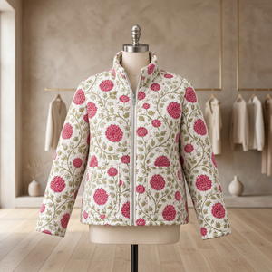 Chaqueta Acolchada de Algodón para Mujer, Estampado Floral, Cierre de Cremallera, Manga Corta, Cuello Alto, Ropa Exterior Informal - Product Image 3